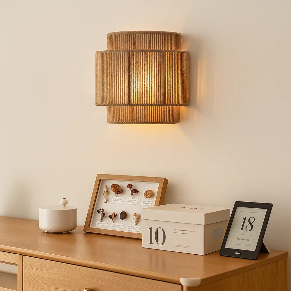Applique murale bois design moderne en rotin tissé style japonais forme cylindrique éclairage doux atmosphère zen