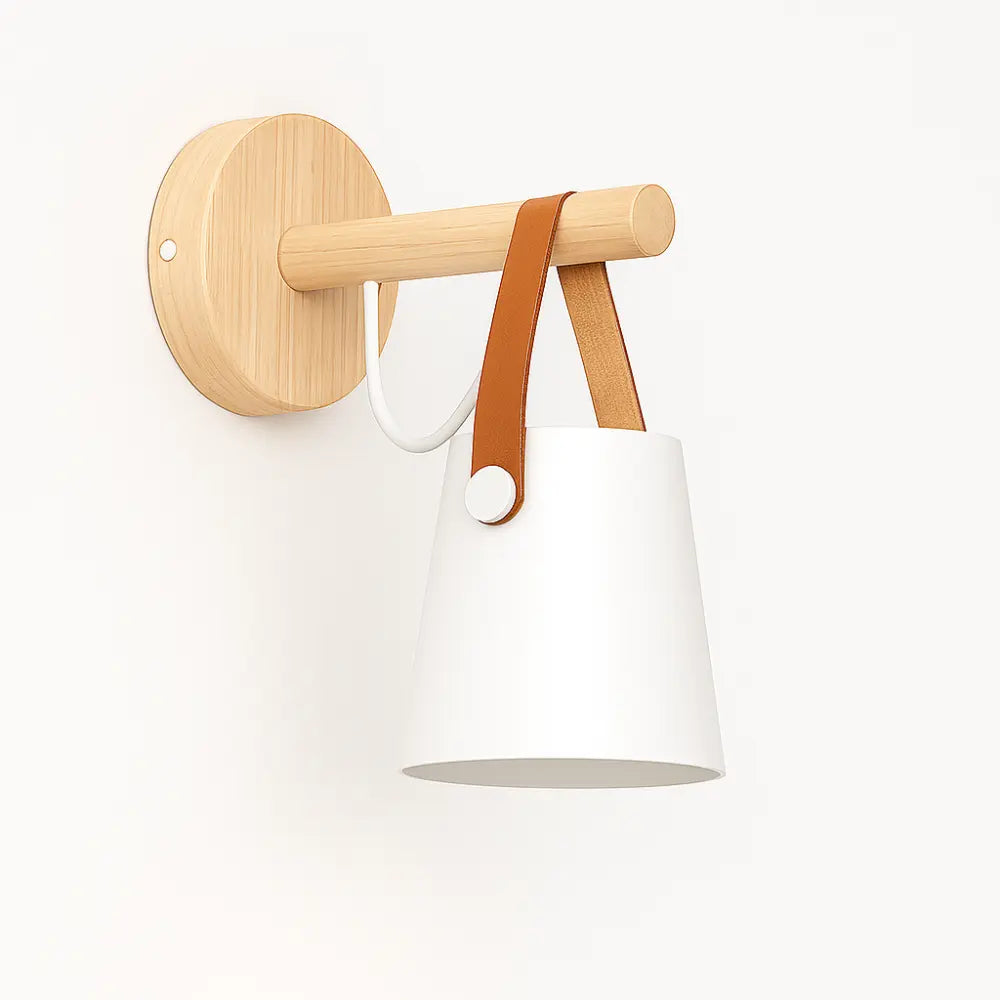 Applique murale bois design scandinave cuir douce lumière chambre salon