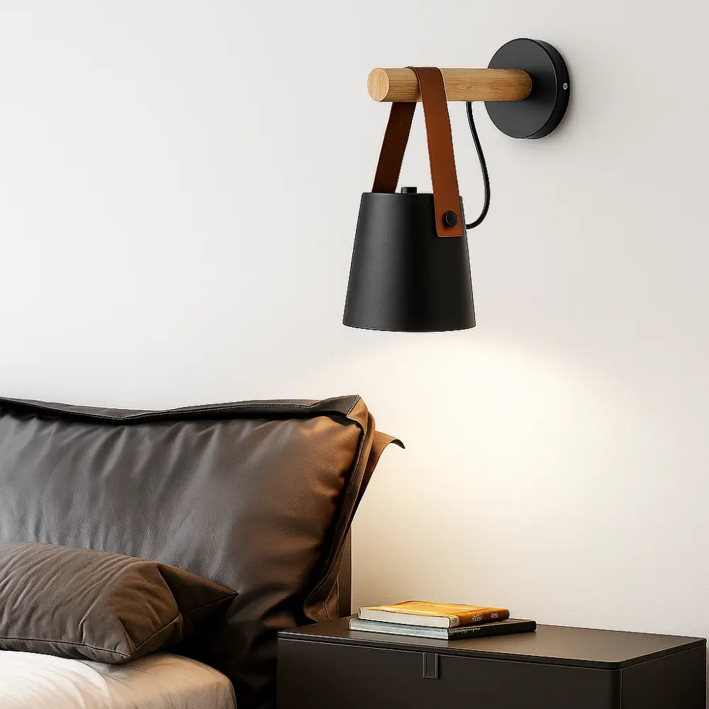 Applique murale bois design scandinave cuir douce lumière chambre salon
