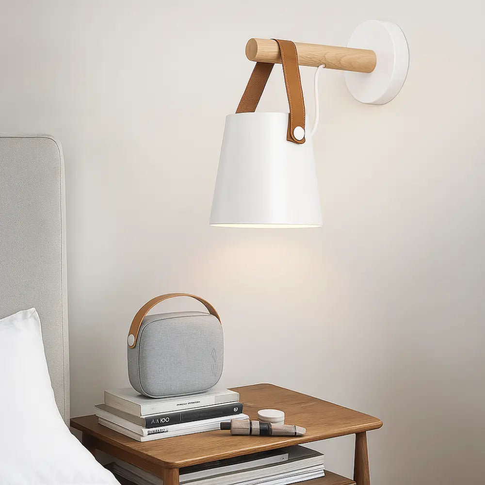 Applique murale bois design scandinave cuir douce lumière chambre salon