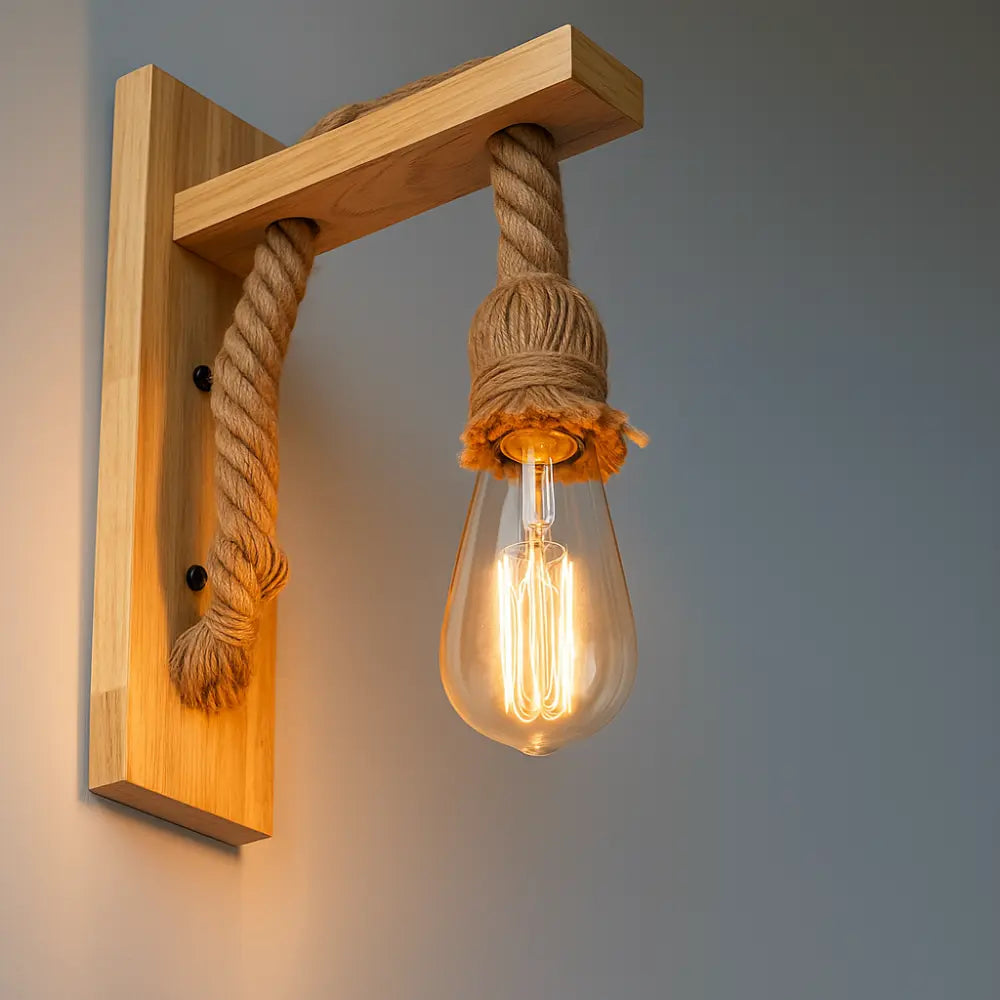 Applique murale bois style rustique corde naturelle éclairage doux ambiance