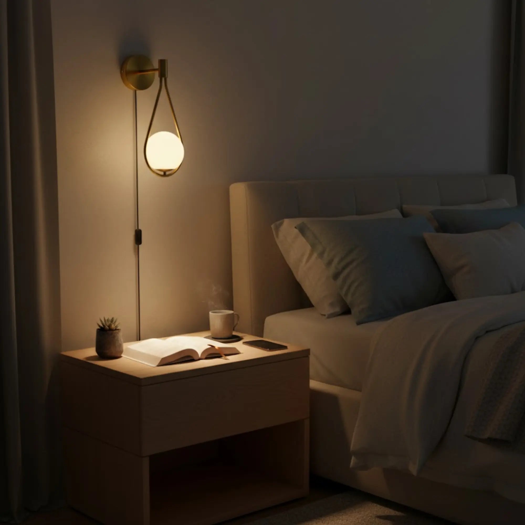 Applique murale dorée à bras arrondi avec globe lumineux et interrupteur intégré.