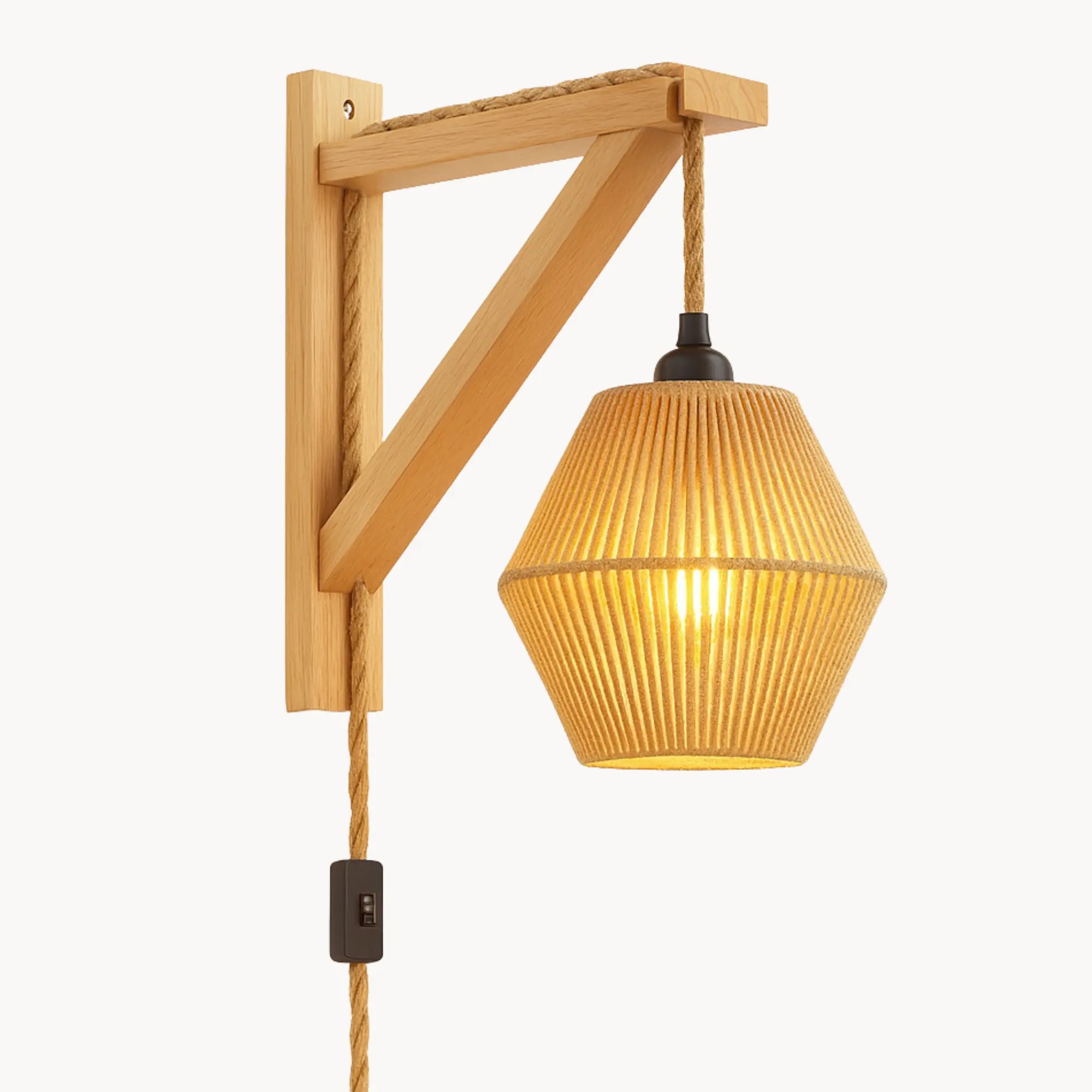 Applique murale bois design rétro abat-jour tressé structure angulaire