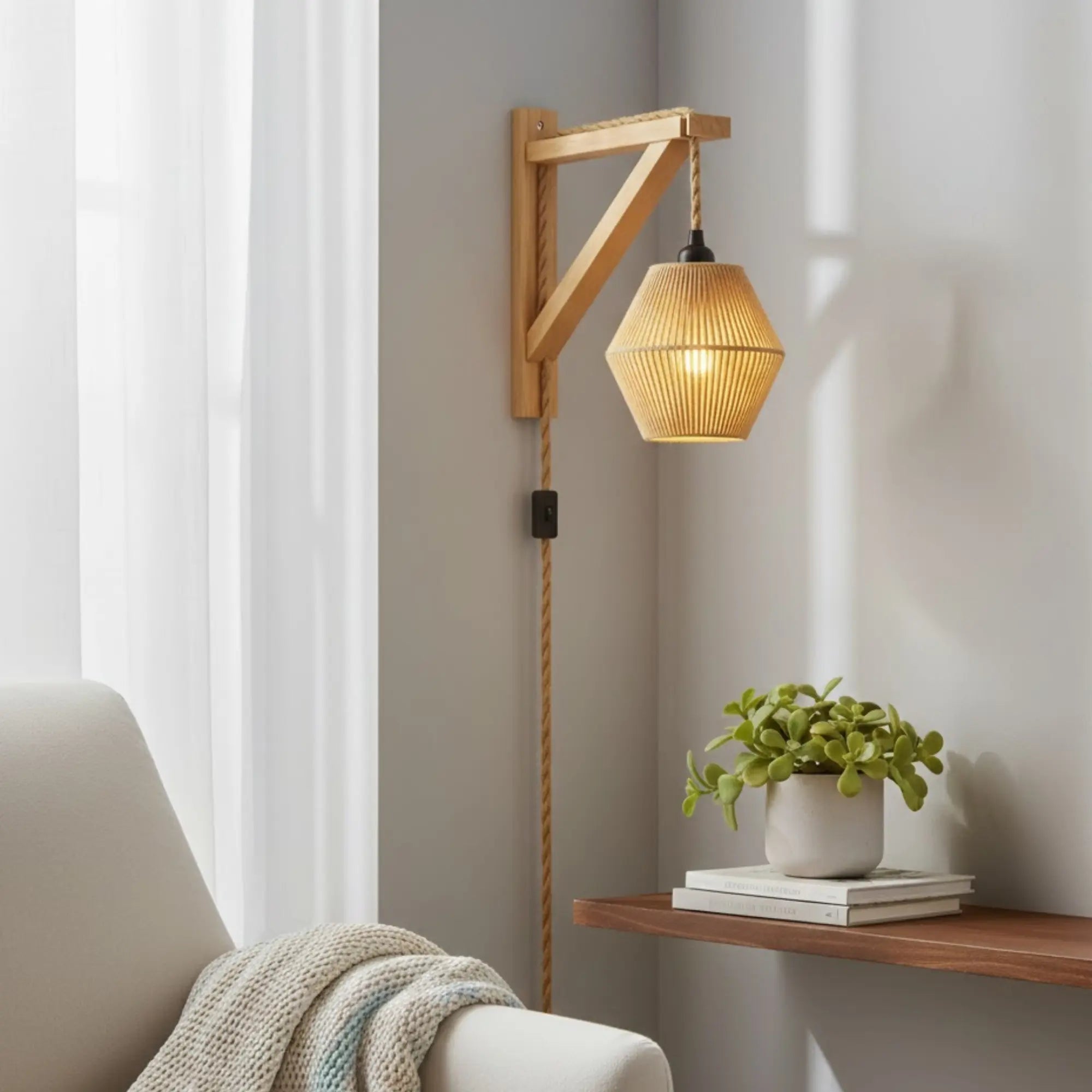 Applique murale bois design rétro abat-jour tressé structure angulaire