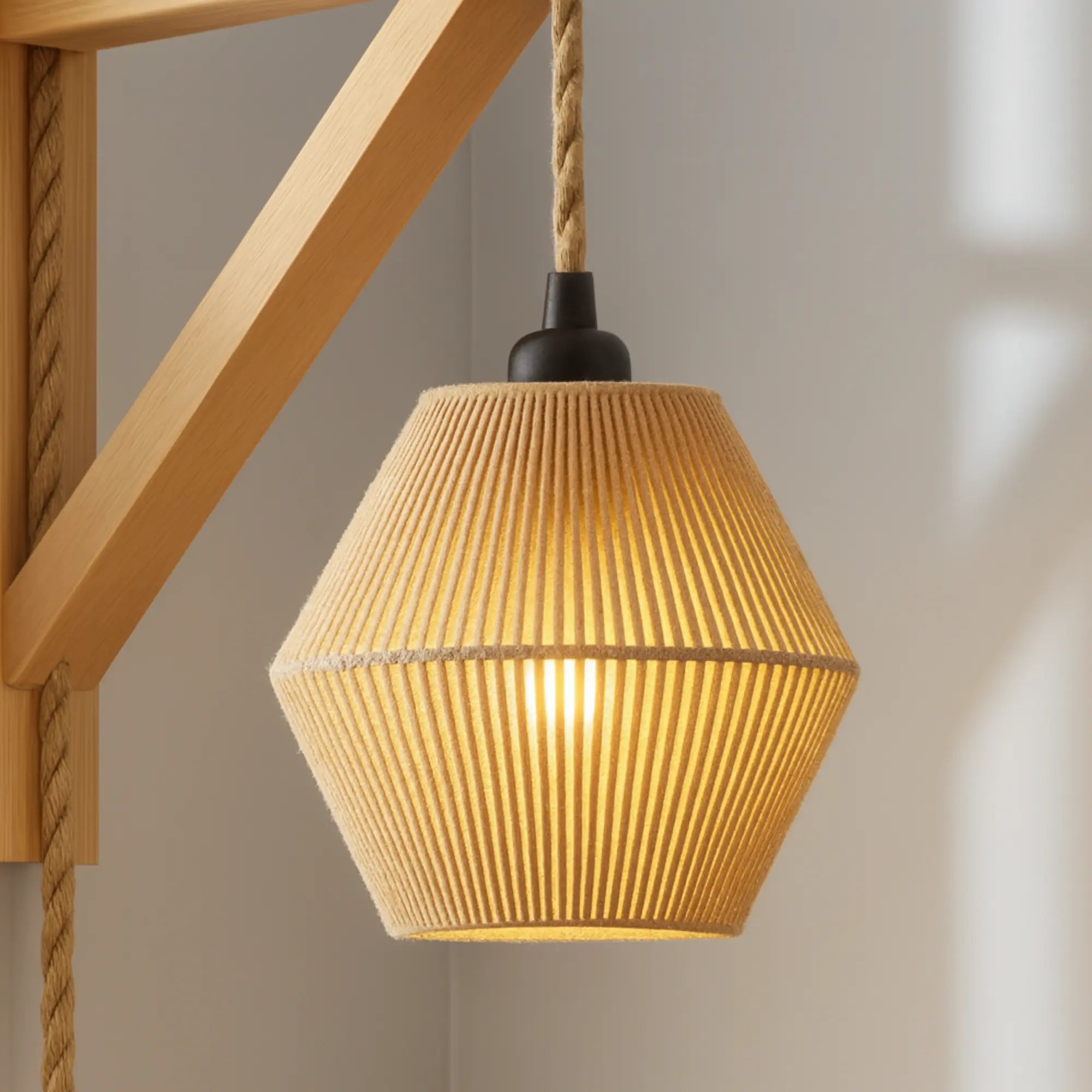 Applique murale bois design rétro abat-jour tressé structure angulaire