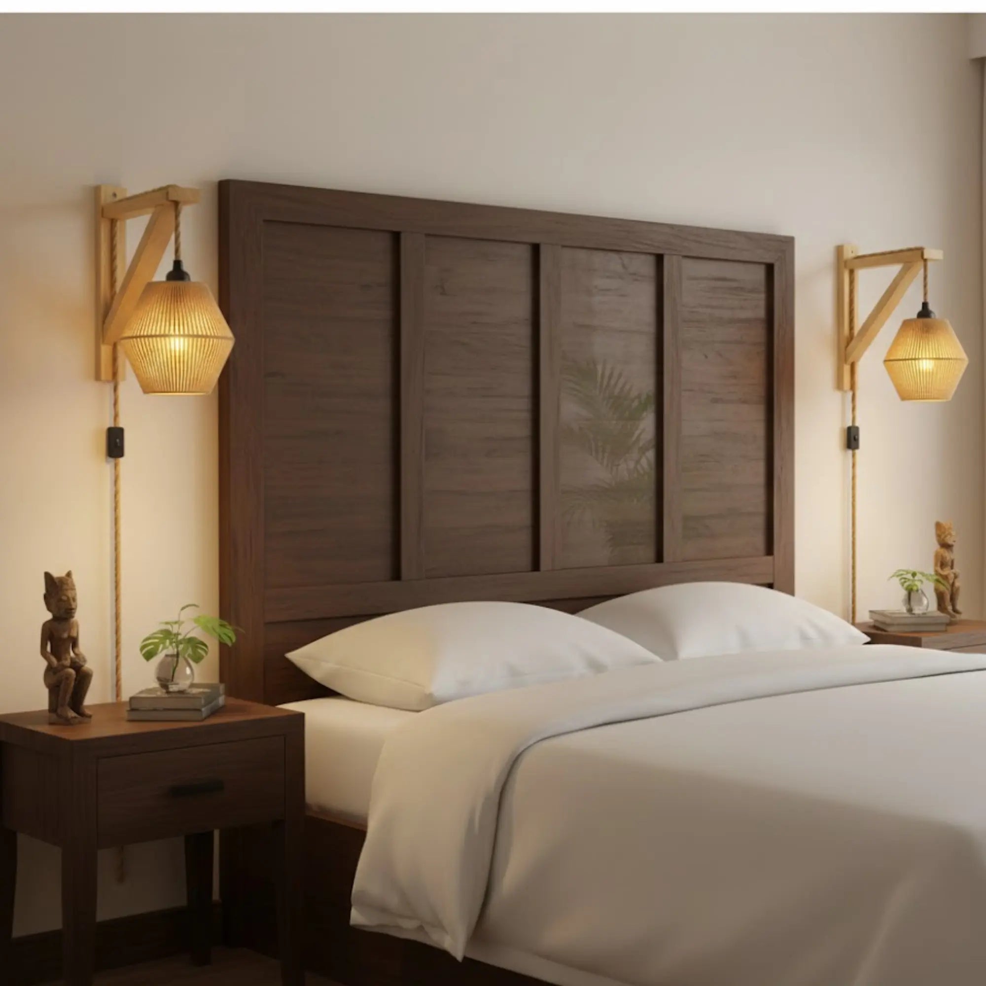 Applique murale bois design rétro abat-jour tressé structure angulaire