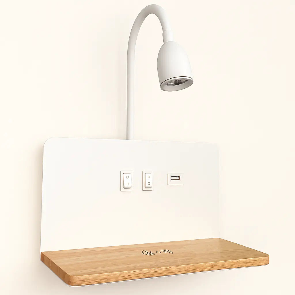 Applique murale bois LED liseuse intégrée étagère USB