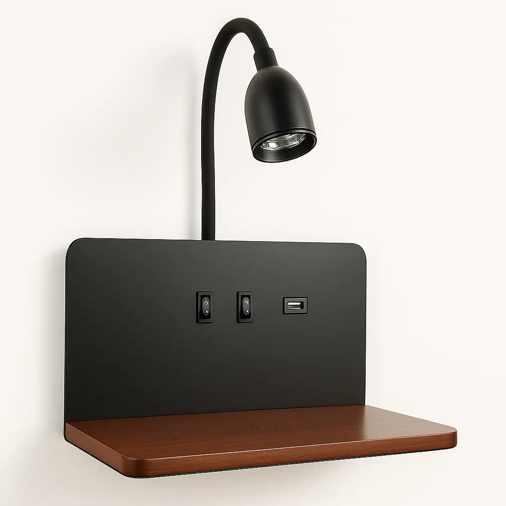 Applique murale bois LED liseuse intégrée étagère USB