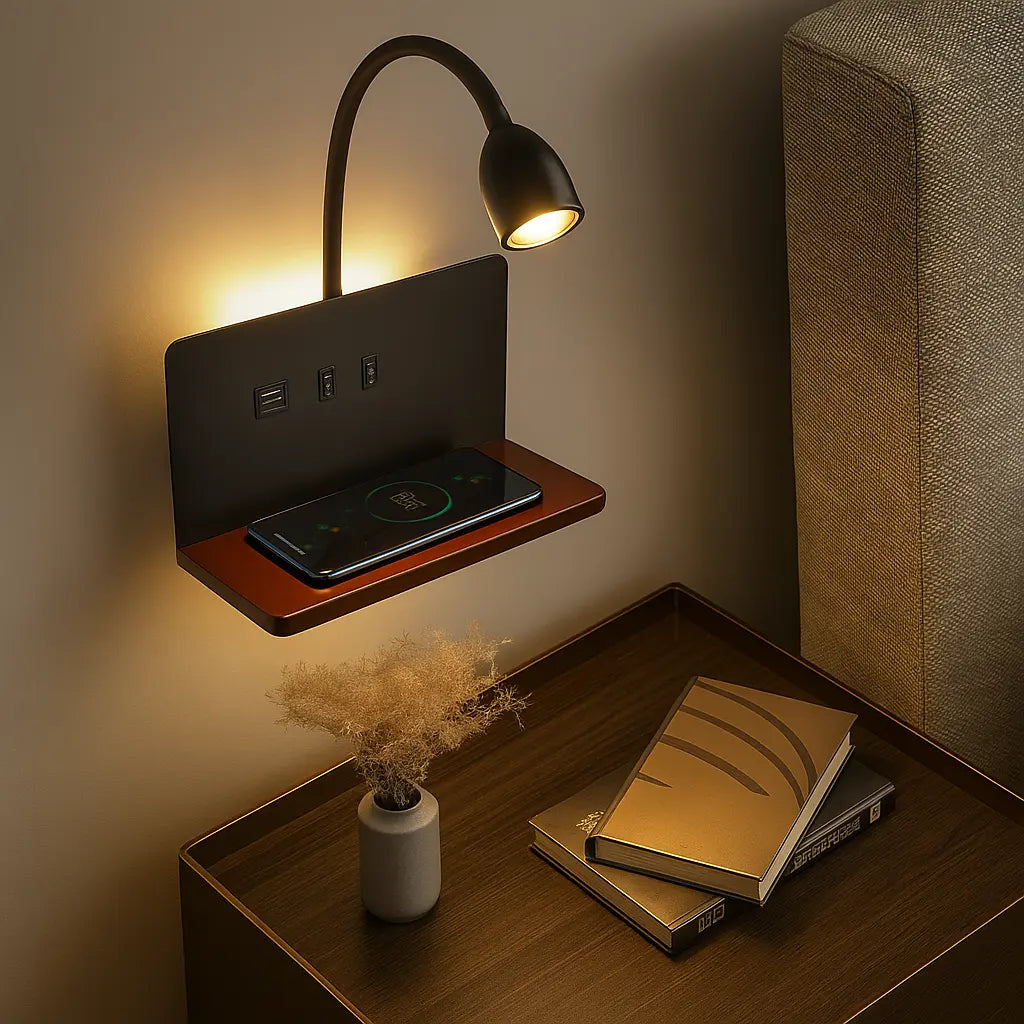 Applique murale bois LED liseuse intégrée étagère USB