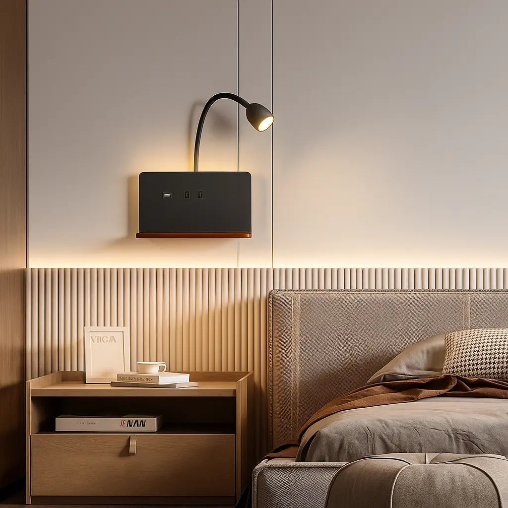 Applique murale bois LED liseuse intégrée étagère USB