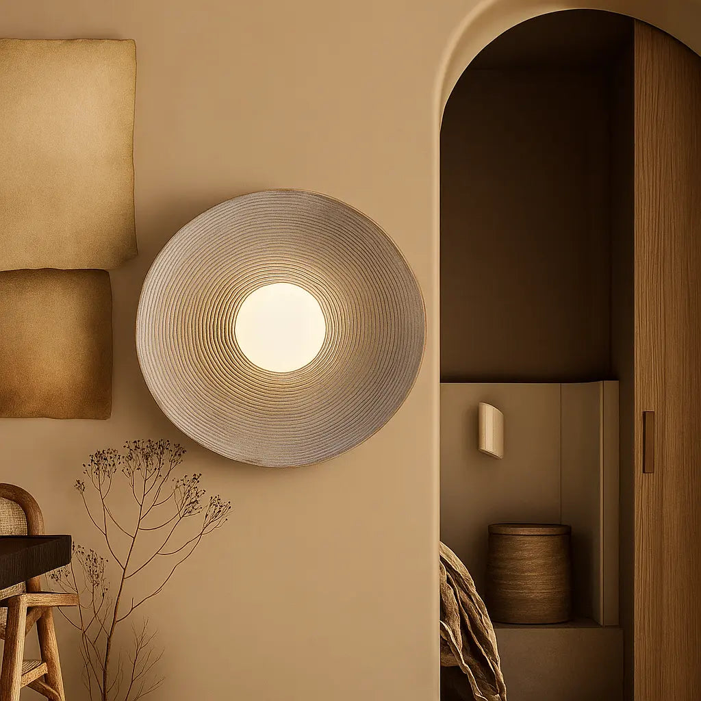 Applique murale ronde LED en résine ondulée style wabi-sabi ambiance apaisante lumière chaude