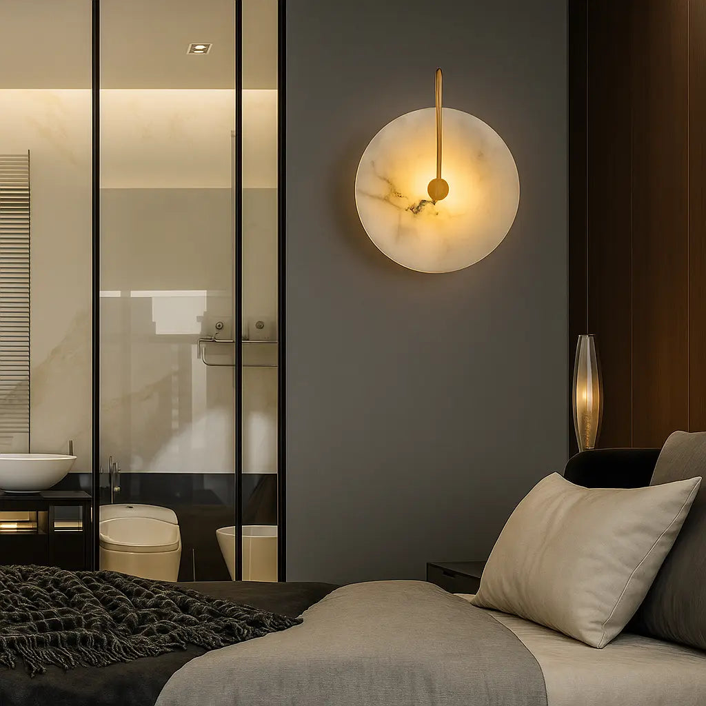 **Applique murale dorée LED en marbre circulaire design minimaliste**