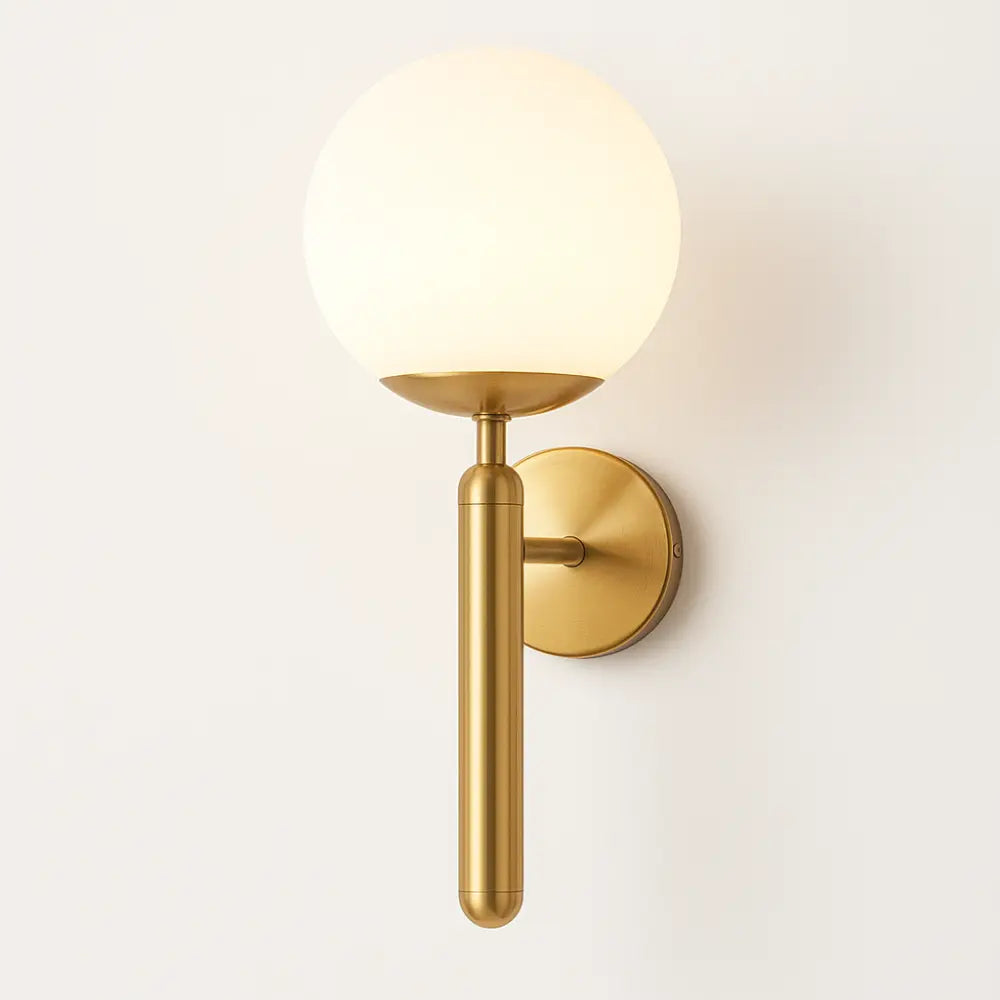 Applique murale dorée globe en verre, structure métallique robuste