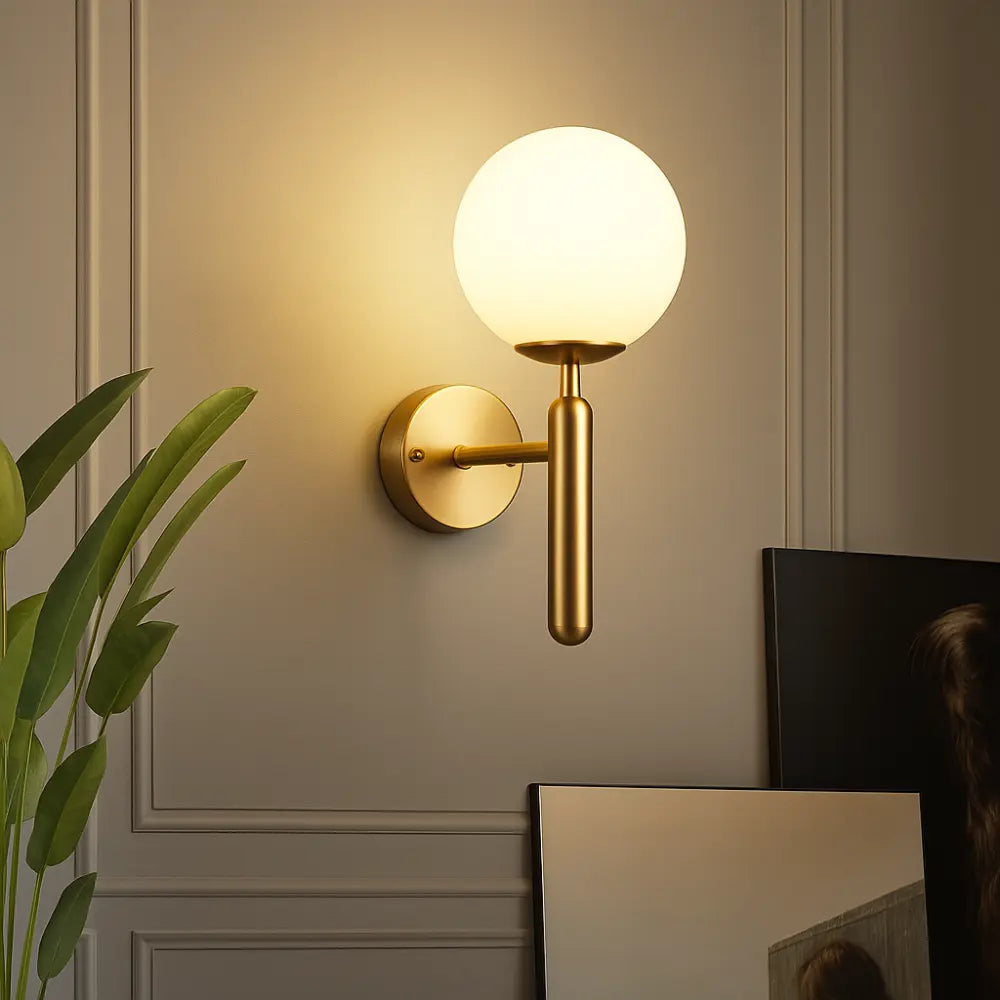 Applique murale dorée globe en verre, structure métallique robuste