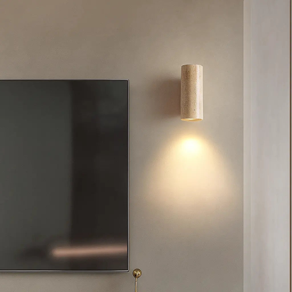 Applique murale bois design rond LED intégré style épuré travertin naturel