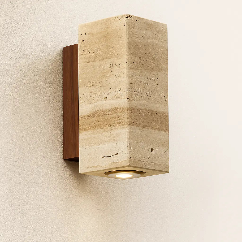 Applique murale bois design rond LED intégré style épuré travertin naturel