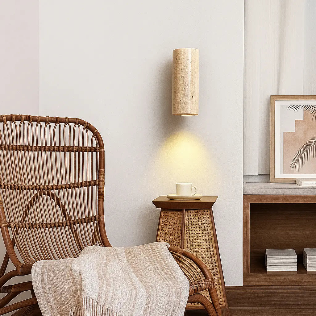 Applique murale bois design rond LED intégré style épuré travertin naturel