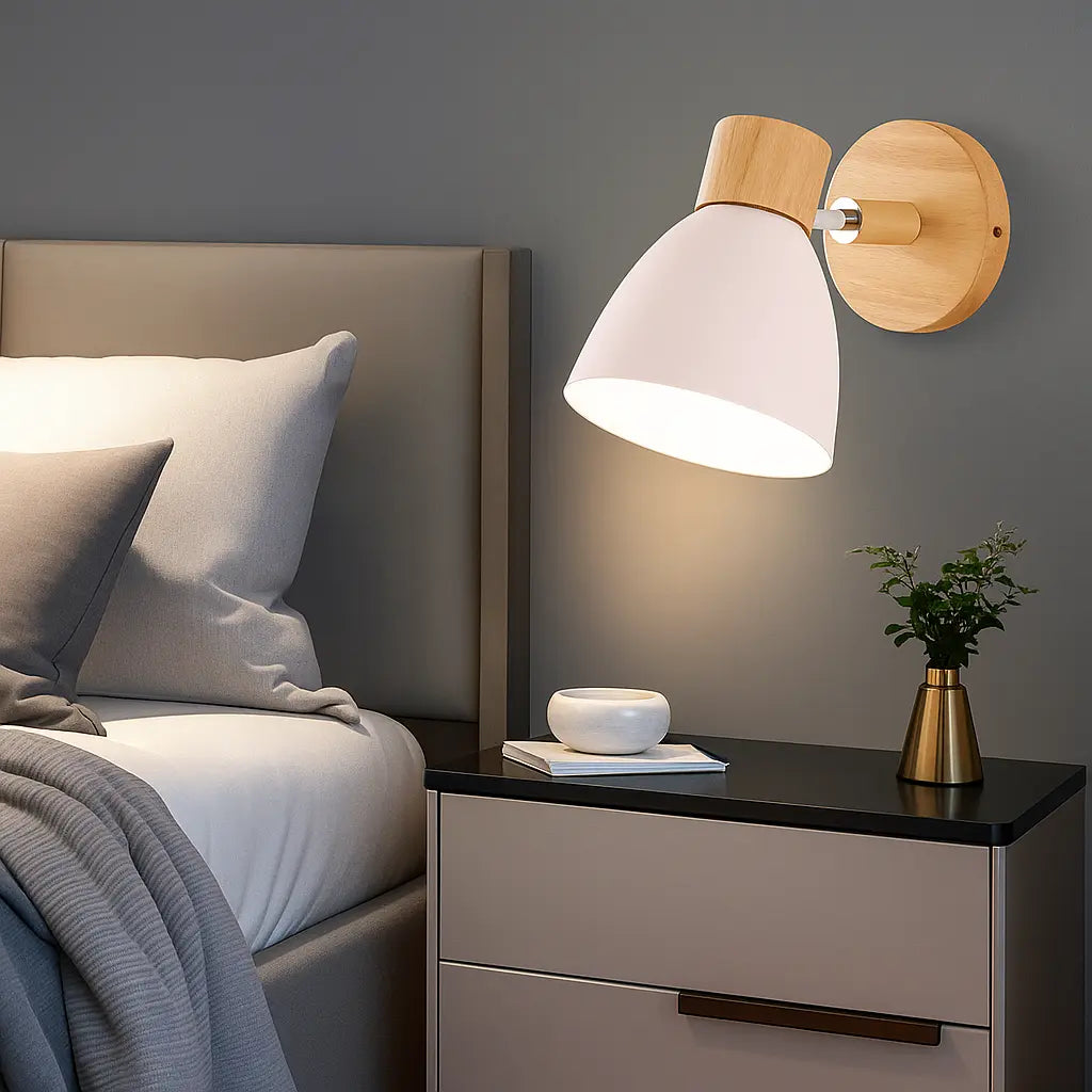 Applique murale bois E27 style nordique socle naturel abat-jour coloré