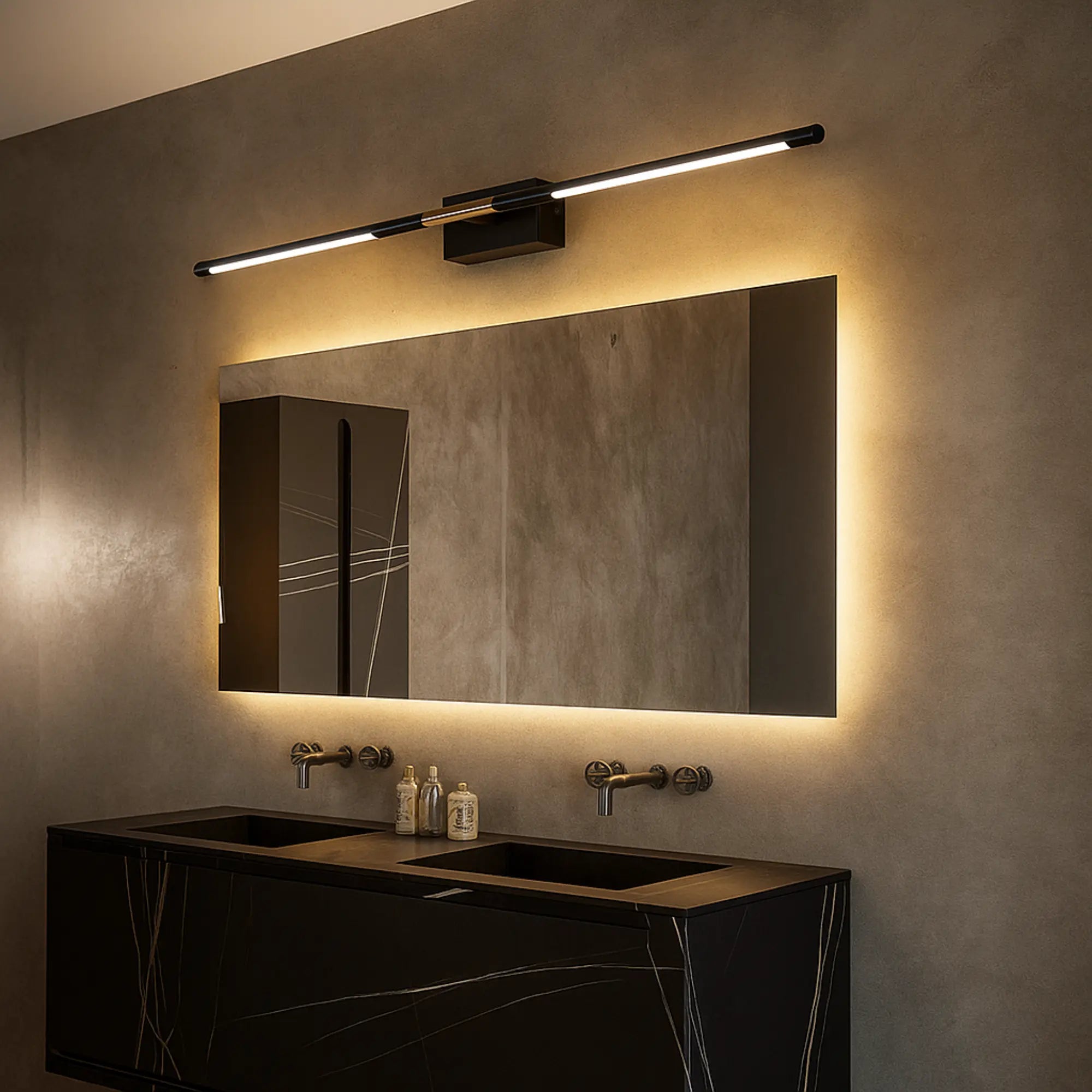Applique murale salle de bain LED élégante noire et dorée linéaire adaptable miroirs divers tailles