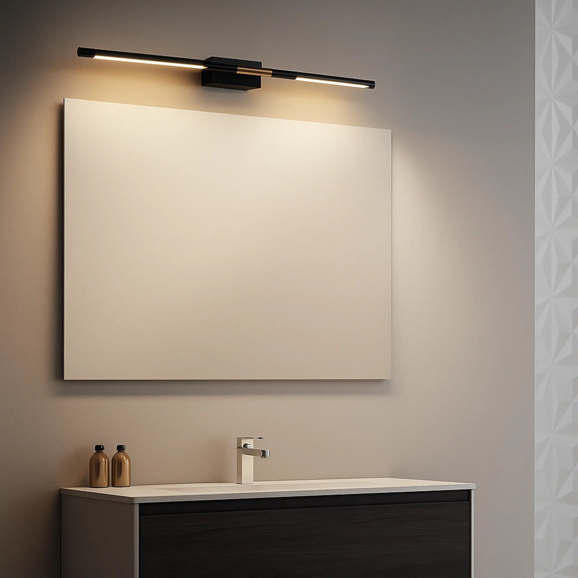 Applique murale salle de bain LED élégante noire et dorée linéaire adaptable miroirs divers tailles