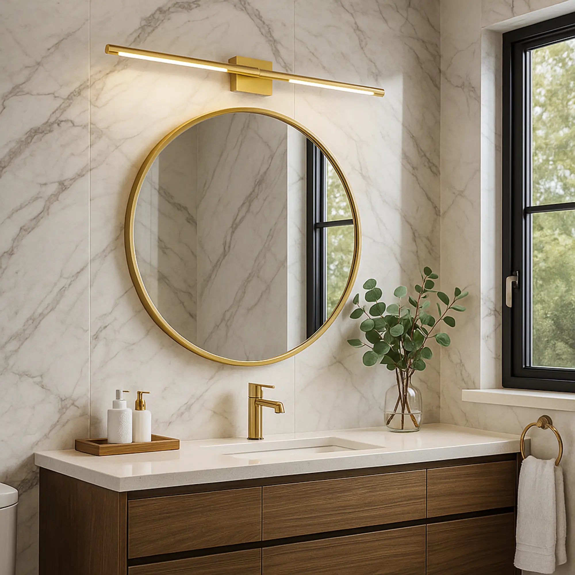 Applique murale salle de bain LED élégante noire et dorée linéaire adaptable miroirs divers tailles