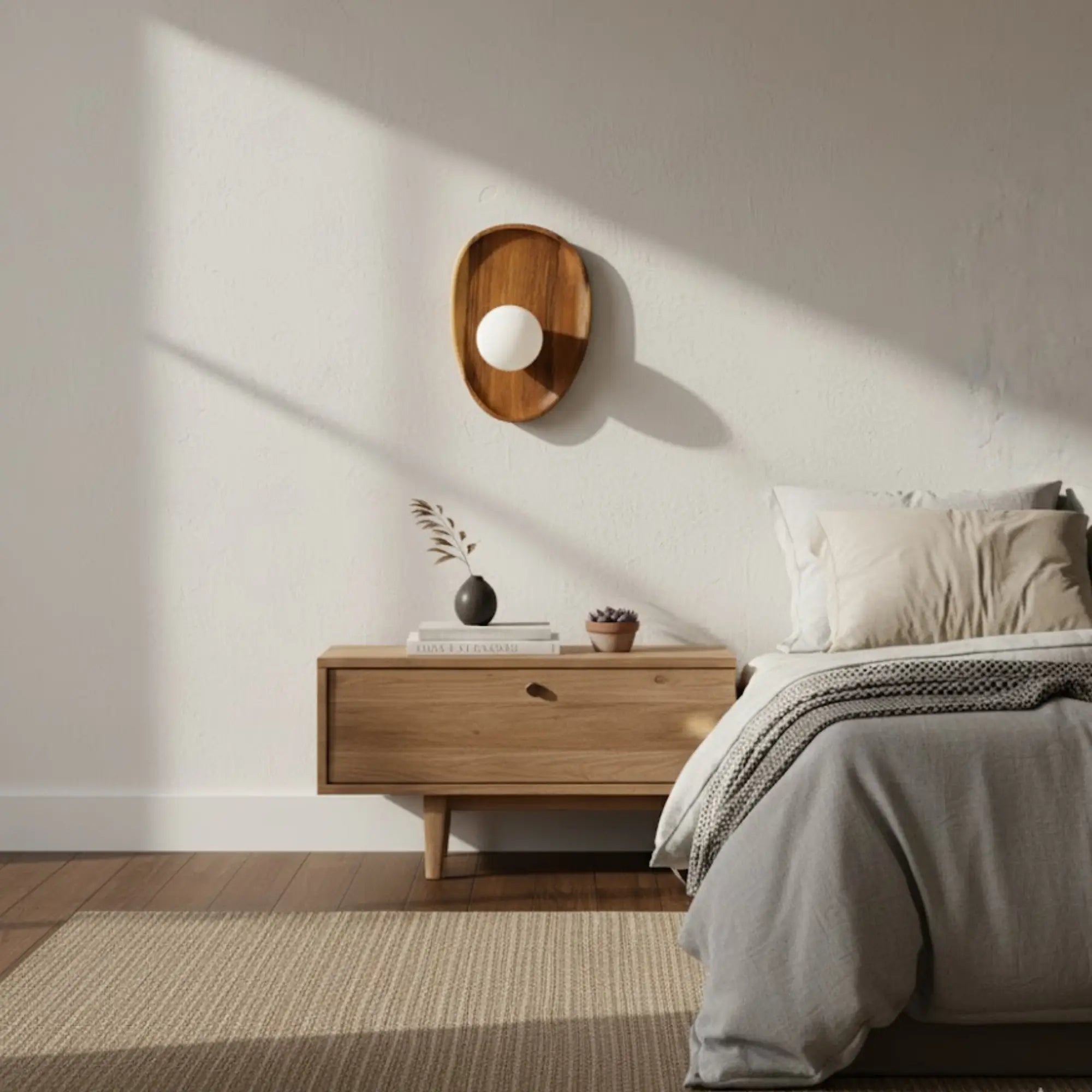 Applique murale LED en bois naturel avec diffuseur sphérique blanc opalin