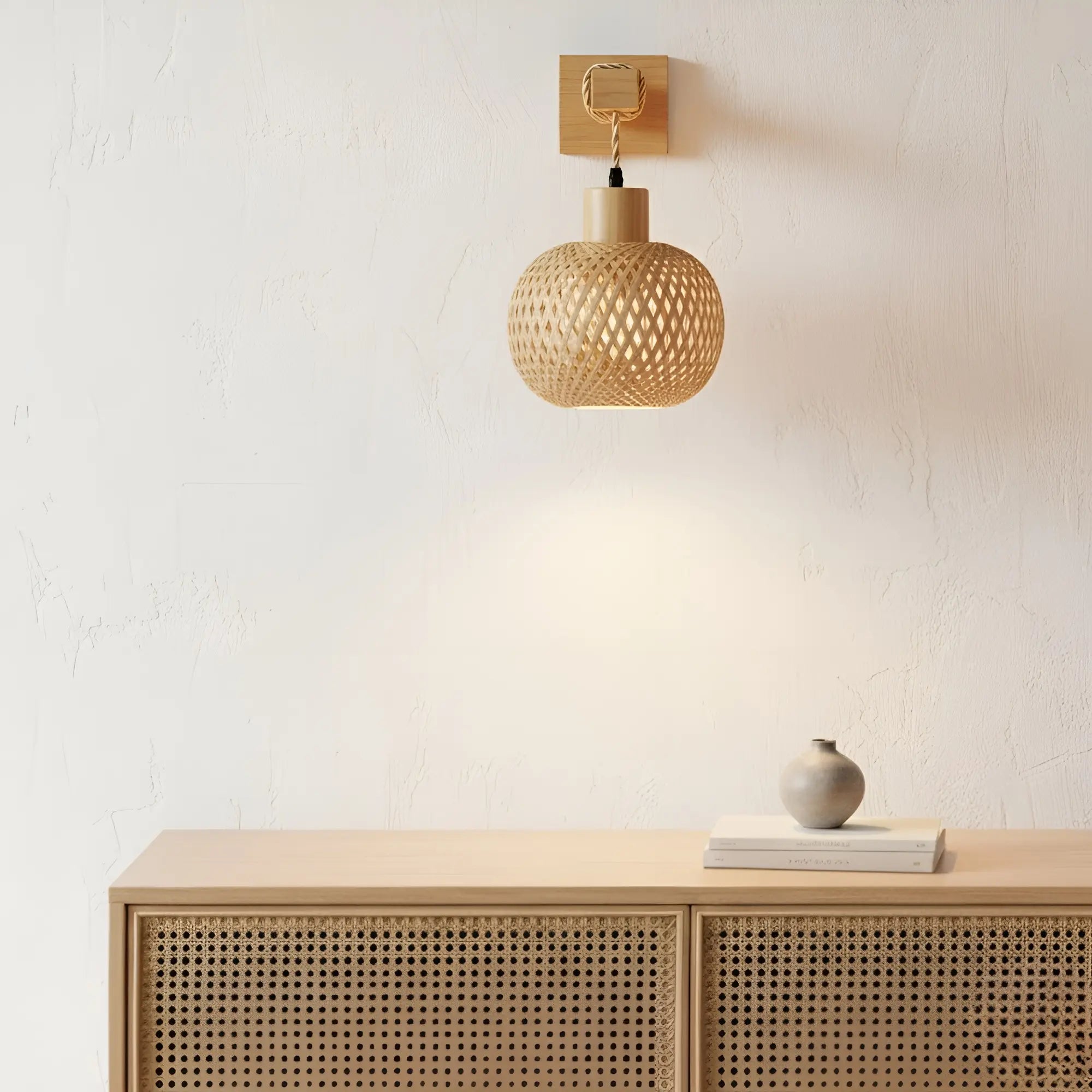 Applique murale ronde en rotin naturel style scandinave pour ambiance chaleureuse