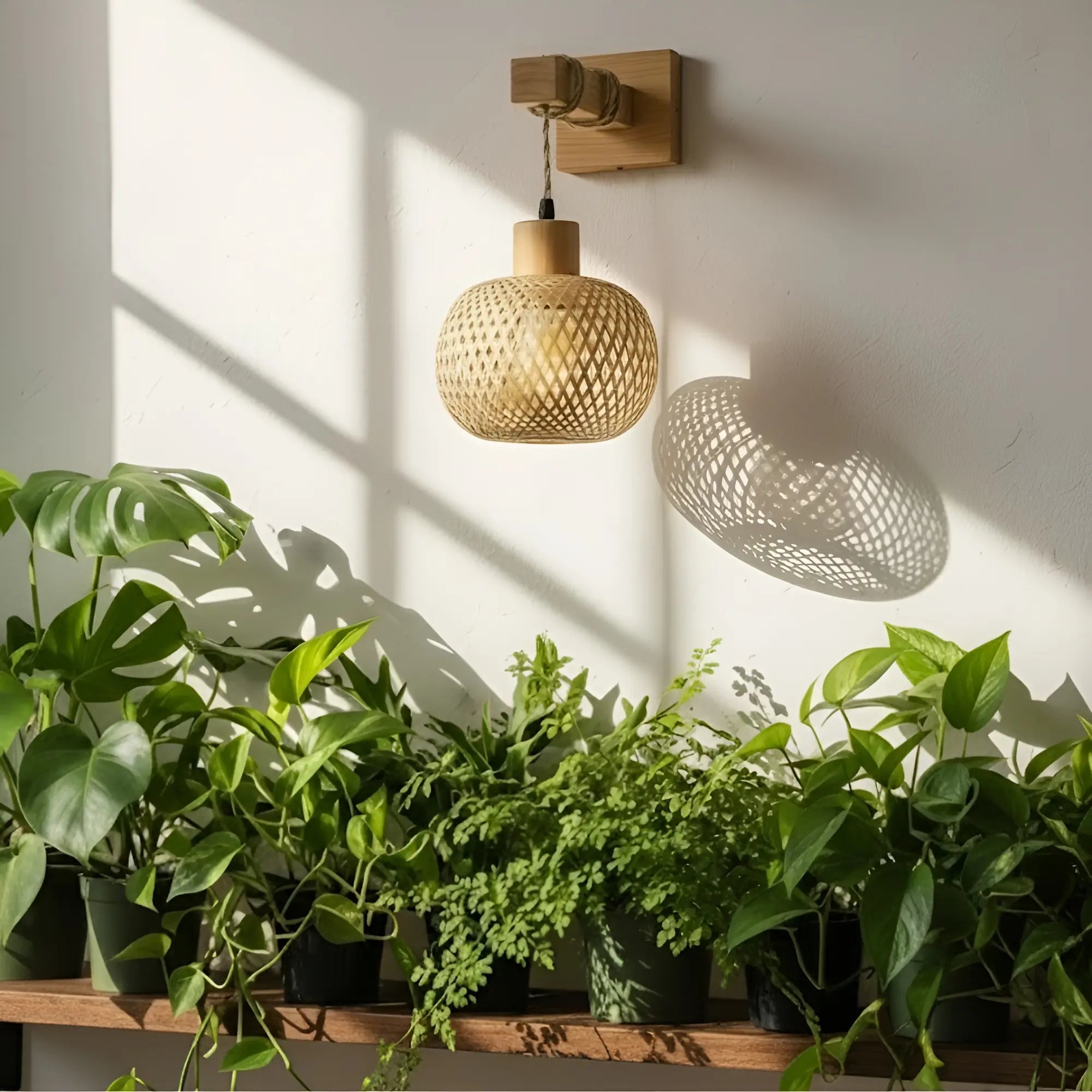 Applique murale bois style rotin naturel globe tressé ambiance bohème scandinave lumière douce.