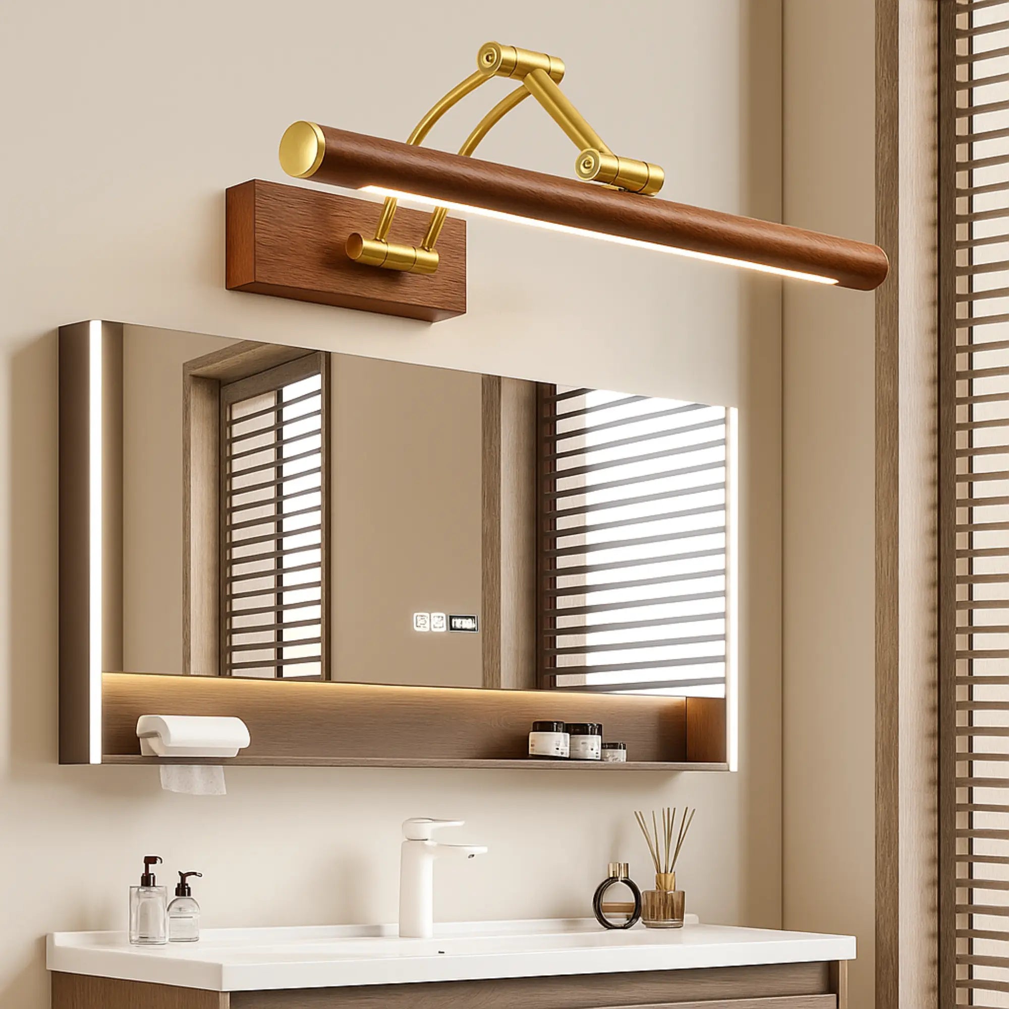 Applique murale salle de bain design bois doré moderne LED miroir élégante