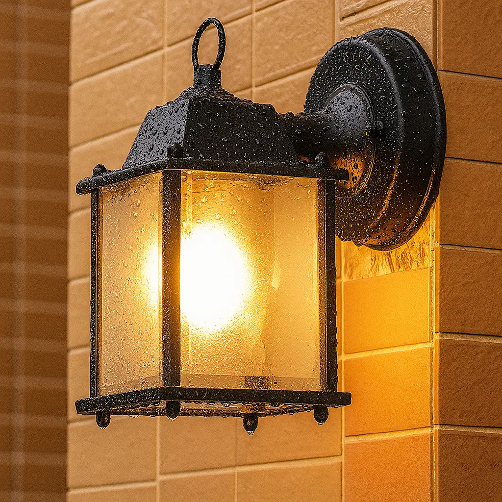 Applique murale en verre style lanterne aluminium noir IP65