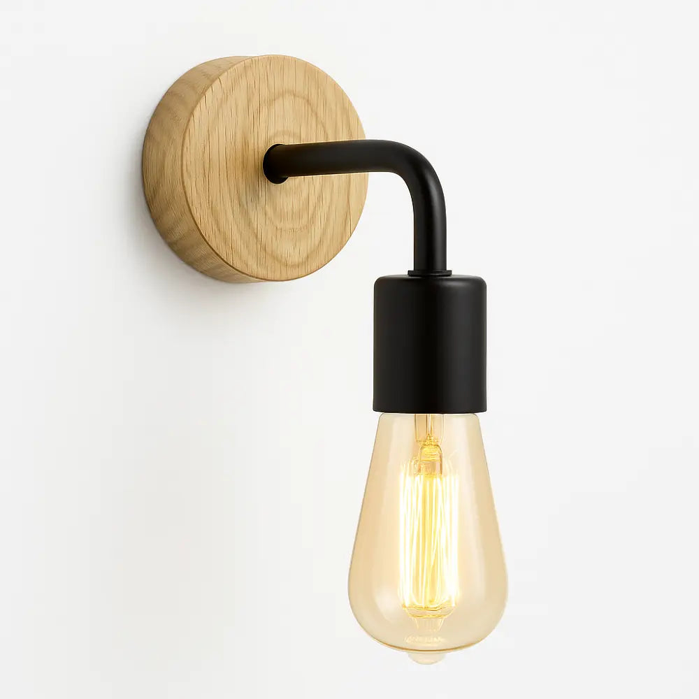 Applique murale bois design moderne métal noir douille arrondie LED E14
