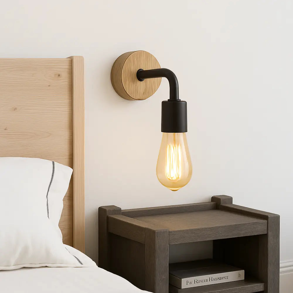 Applique murale bois design moderne métal noir douille arrondie LED E14