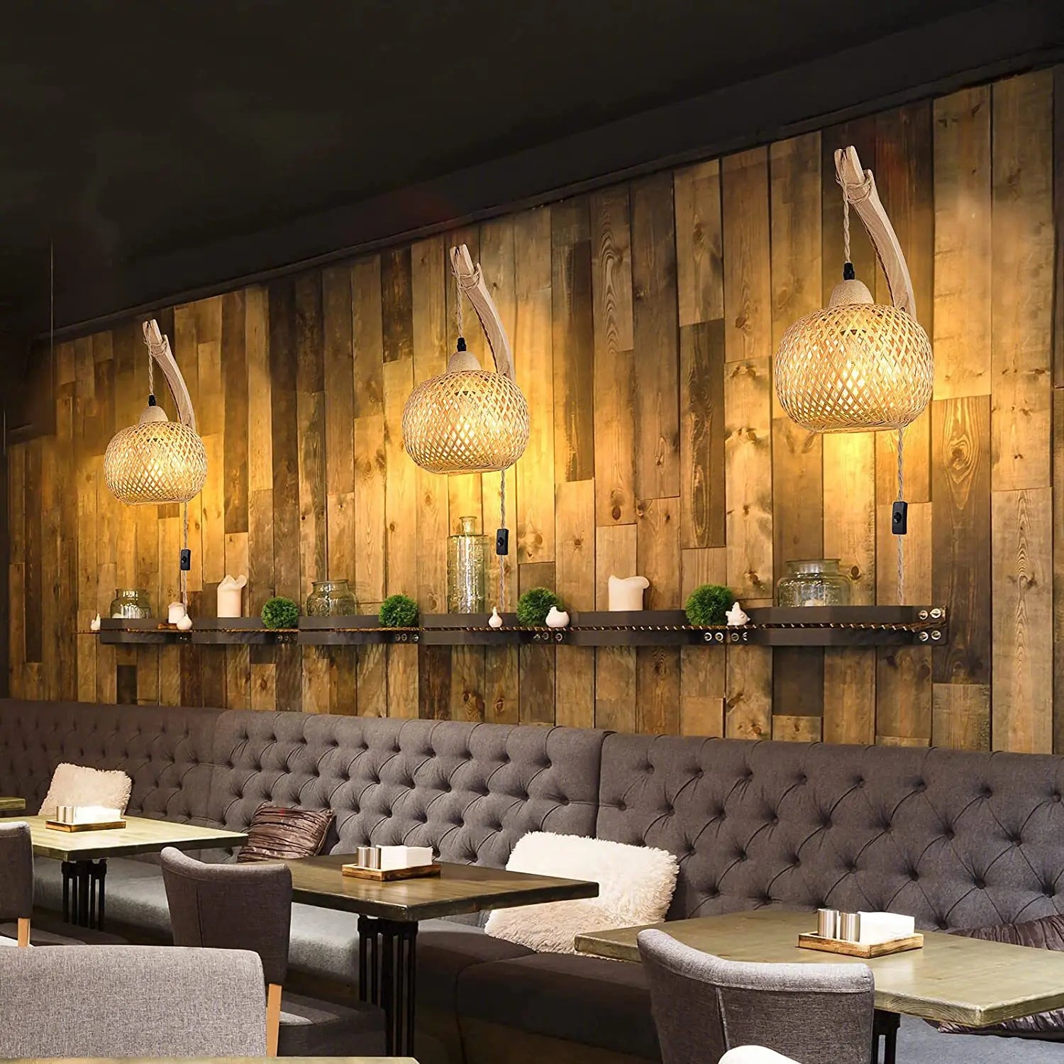 Applique Murale d'Escalier en Bambou et Rotin, Style Lanterne Tissée à la Main