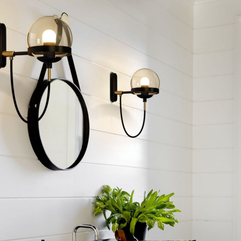 Applique murale industrielle en verre et métal doré boule rétro