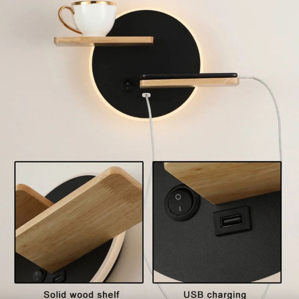 Applique murale bois LED ronde éclipse métal intégration USB