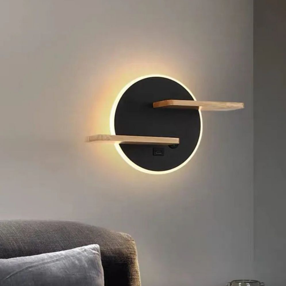 Applique murale bois LED ronde éclipse métal intégration USB