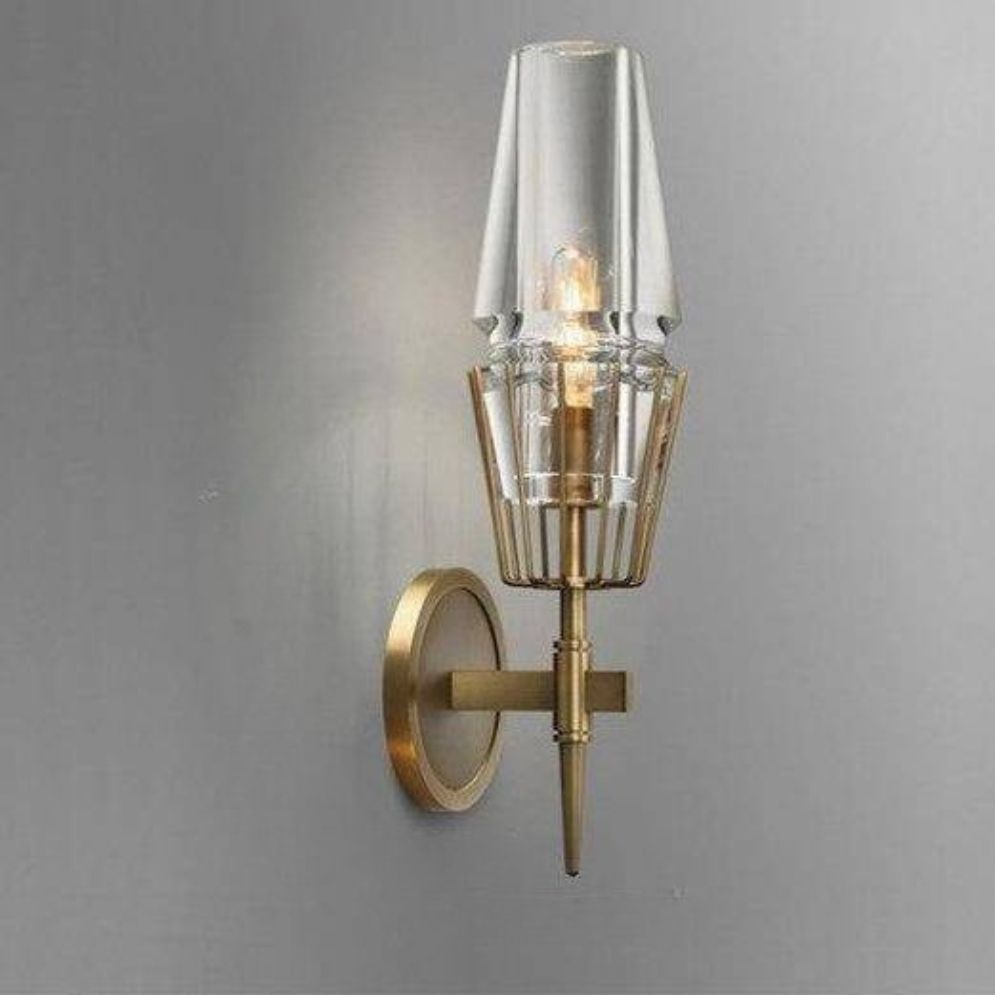 Applique murale en verre rétro avec socle en métal doré et diffuseur cylindrique