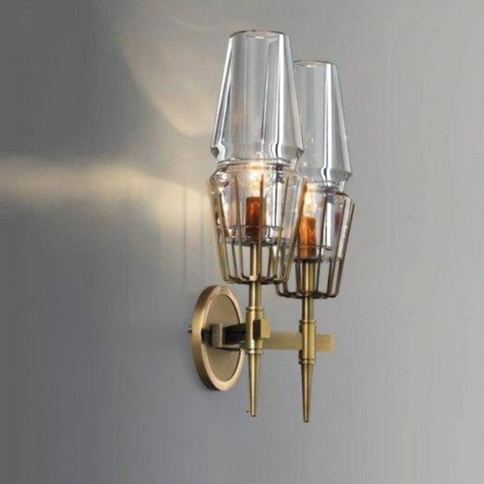 Applique murale en verre rétro avec socle en métal doré et diffuseur cylindrique