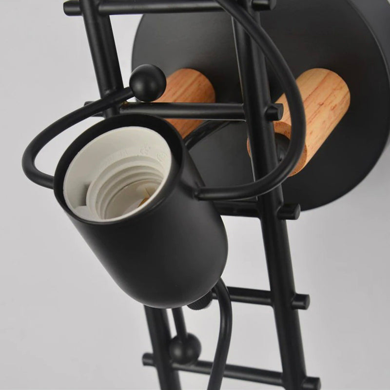 Applique murale industrielle en bois métal design échelle ampoule humanoïde