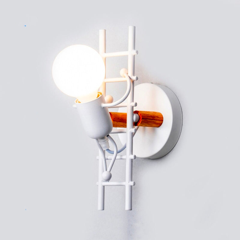 Applique murale industrielle en bois métal design échelle ampoule humanoïde